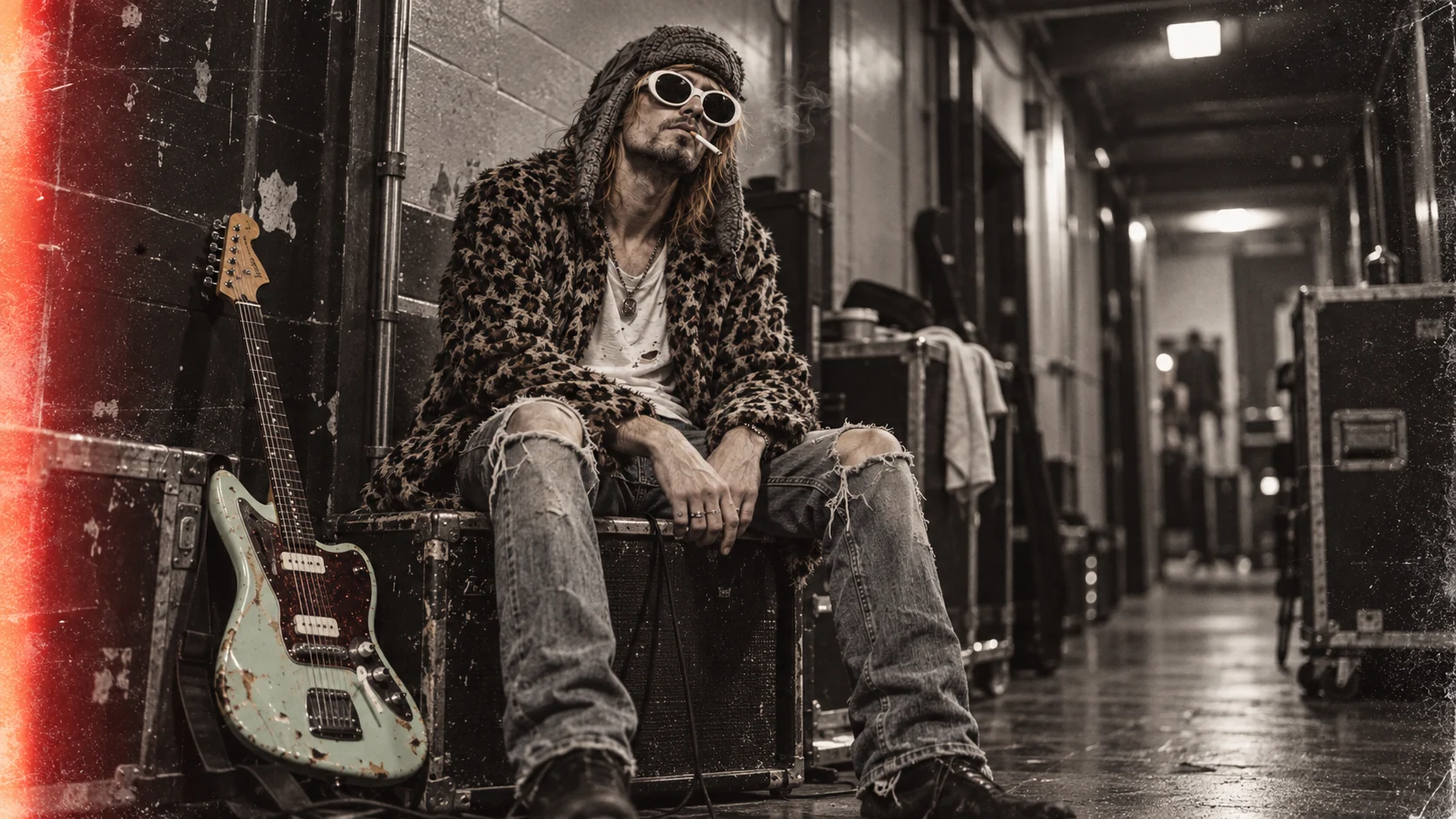 The NEARVANA frontman waiting backstage beside his guitar in a grainy concert photograph